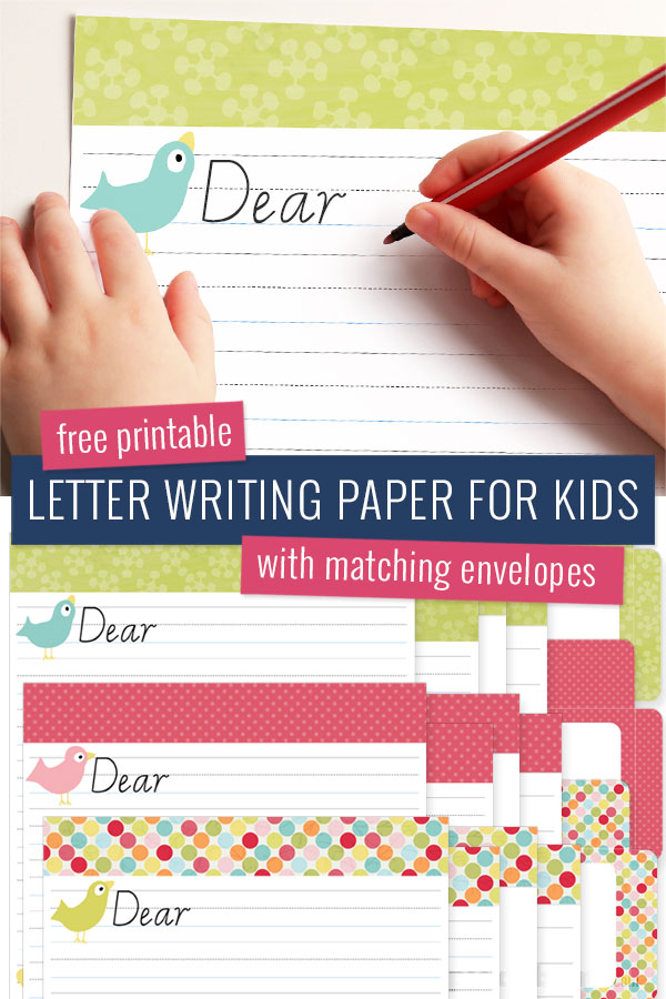 two images - top image child's hand writing on paper, bottom image selection of printable letter writing papers