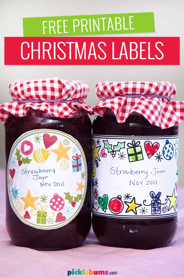 two jars of jam with Christmas labels