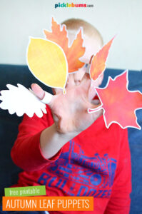 Boy holding paper autumn leaf puppets