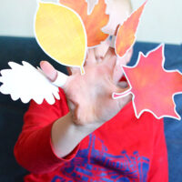 Boy holding paper autumn leaf puppets