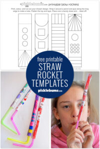 collage of three images - straw rocket printable template, completed straw rockets and girl blowing a straw rocket