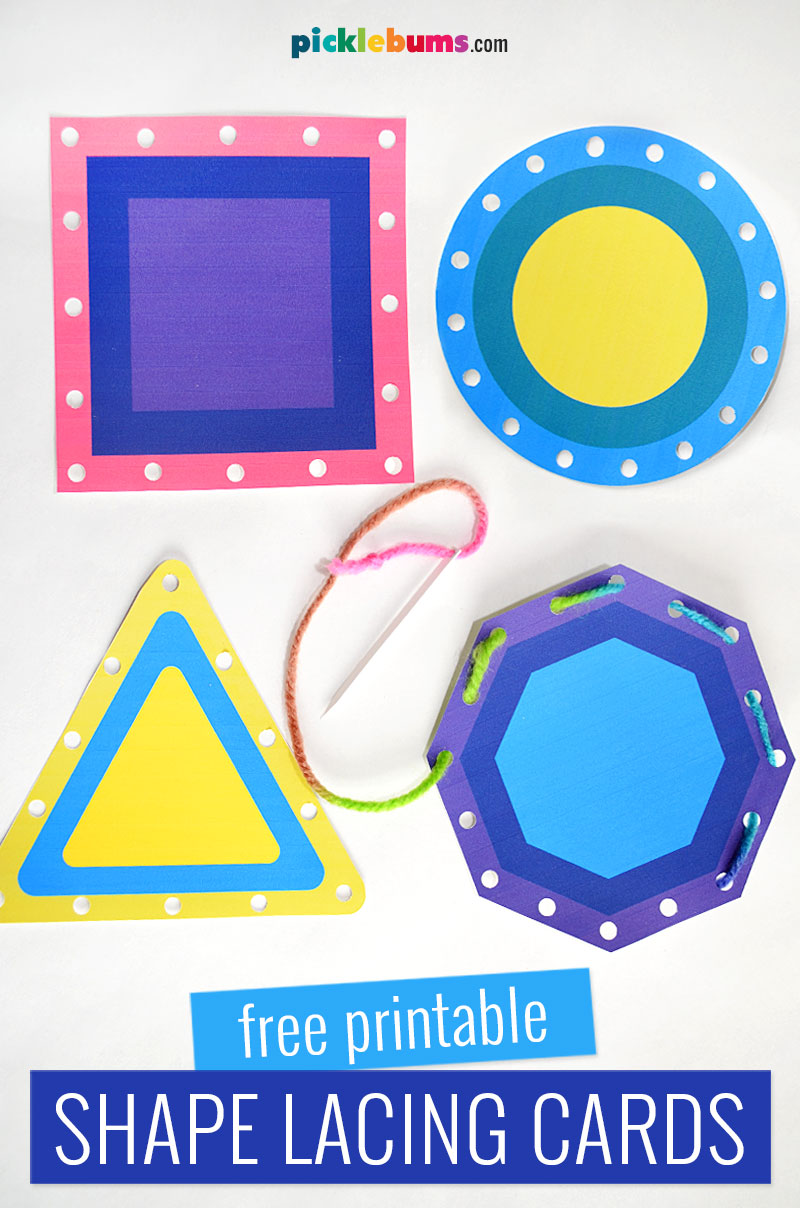 printable lacing cards - square, circle, triangle and octagon