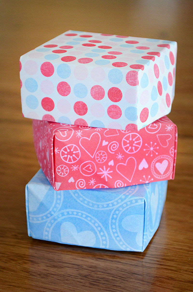 stack of three print and fold Valentine's Day boxes