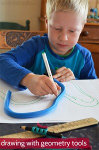 Drawing with measuring tools - using a ruler, protractor, compass and curve.