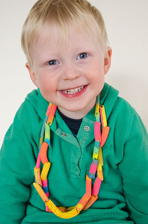 Painting pasta to thread - this was so much fun and the cool fluro pasta made great necklaces!