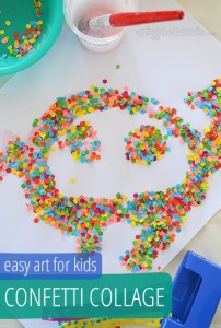 photo of paper and glue with a monster made from confetti. text reading - Confetti Collage - an easy and fun art activity'