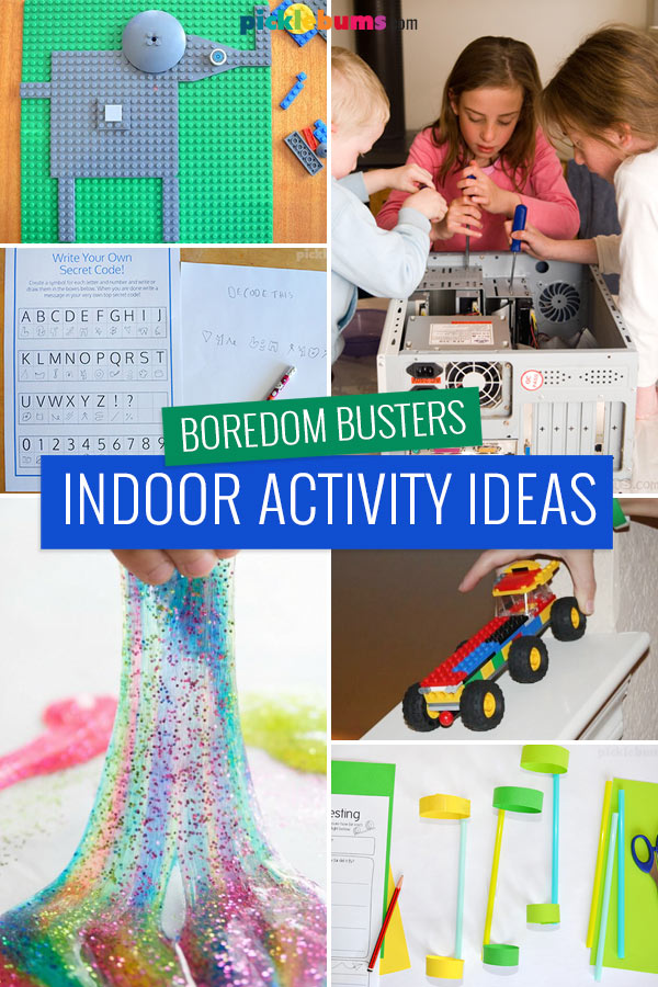 collage of 6 photos of indoor boredom buster ideas for kids