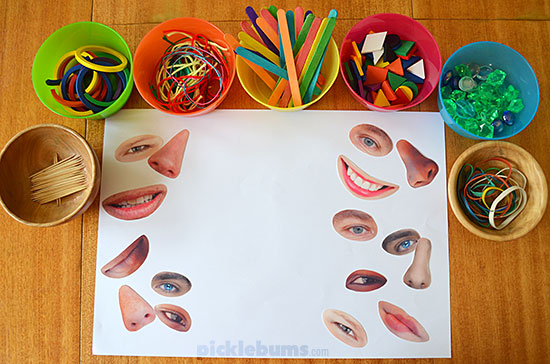 Make these crazy faces with some loose parts and our free printable facial features! 