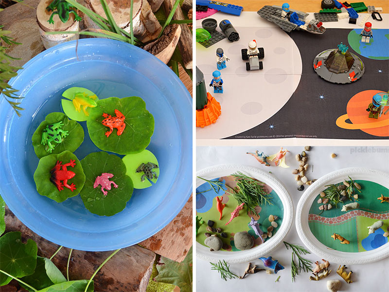 three photos of imaginative play set ups for kids
