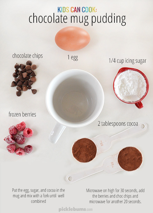 Chocolate Mug Pudding- free printable visual recipe so kids can cook this themselves