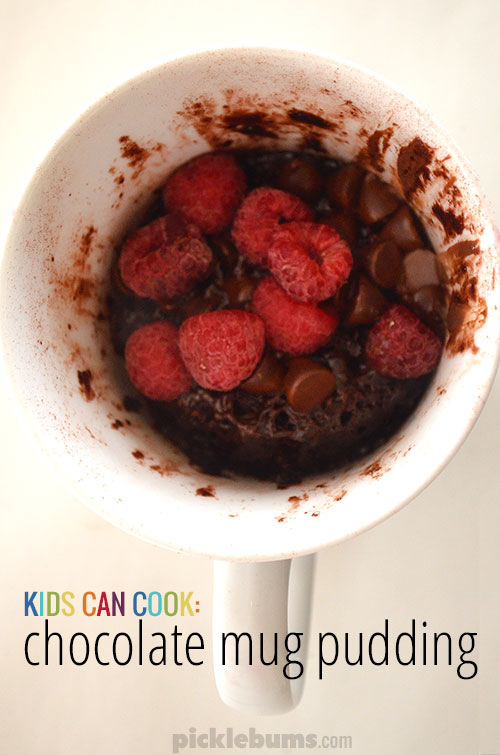 Chocolate Mug Pudding - 3 ingredients, gluten free, and easy enough that the kids can cook it all themselves! 