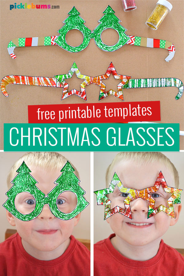 3 images, christmas glasses paper craft, preschooler wearing christmas tree glasses, preschooler wearing star glasses