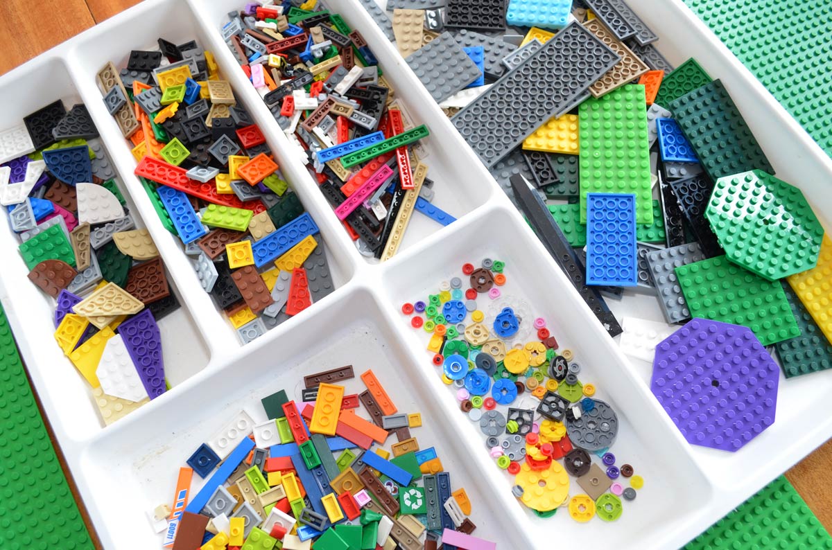 tray of flat Lego pieces for Lego challenge