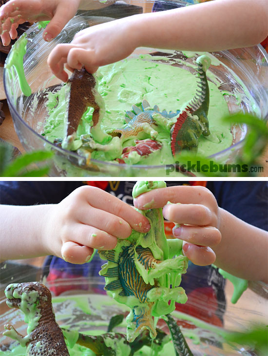 Dino Slime! Quick and easy sensory play in a mixing bowl!  
