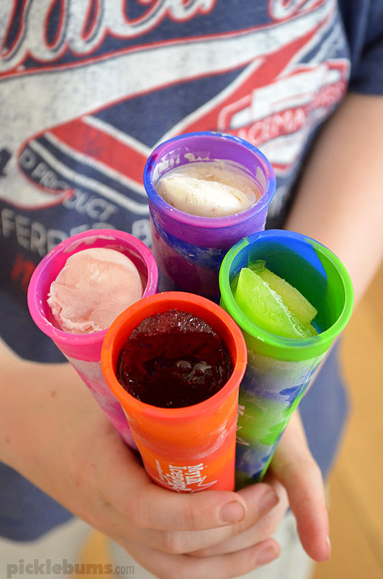 Home-made ice pops! My kids came up with four fun flavours to make their own ice pops.  Set your kids a challenge to see what flavours they can come up with!