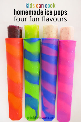 Home-made ice pops! My kids came up with four fun flavours to make their own ice pops. Set your kids a challenge to see what flavours they can come up with!
