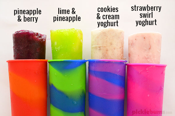 Home-made ice pops! My kids came up with four fun flavours to make their own ice pops.  Set your kids a challenge to see what flavours they can come up with!