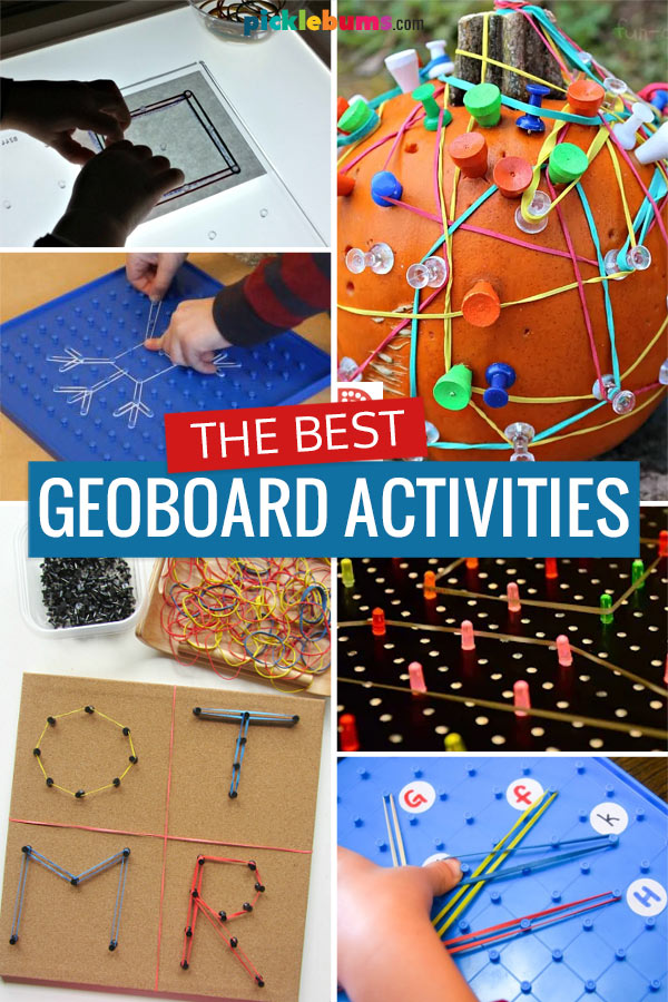 collage of photos of geoboard activities for kids