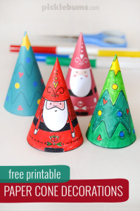 Paper Cone Christmas decorations - make Santa and a Christmas tree using this easy free printable