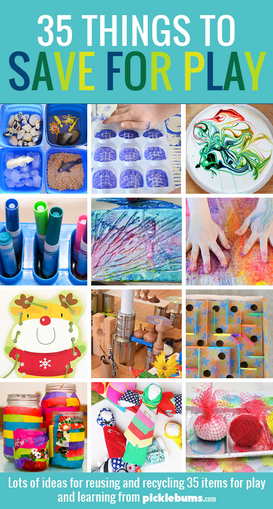 35 things to save for play - a huge list of items to reuse and recycle and loads of ideas for how to use them for art, crafts, play and learning.