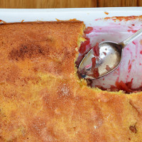 Fruit sponge dessert - a cross between a fruit crumble and a cake!