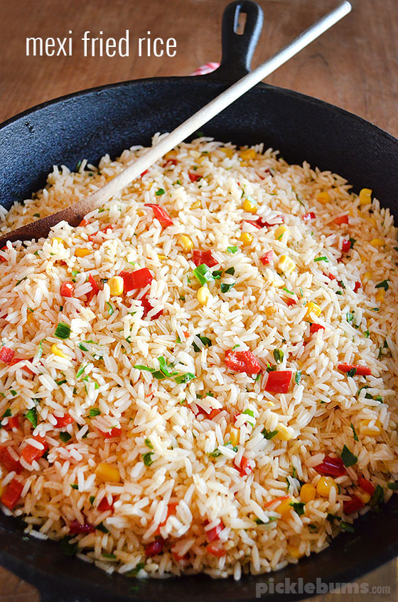 mexi fried rice in cast iron skillet