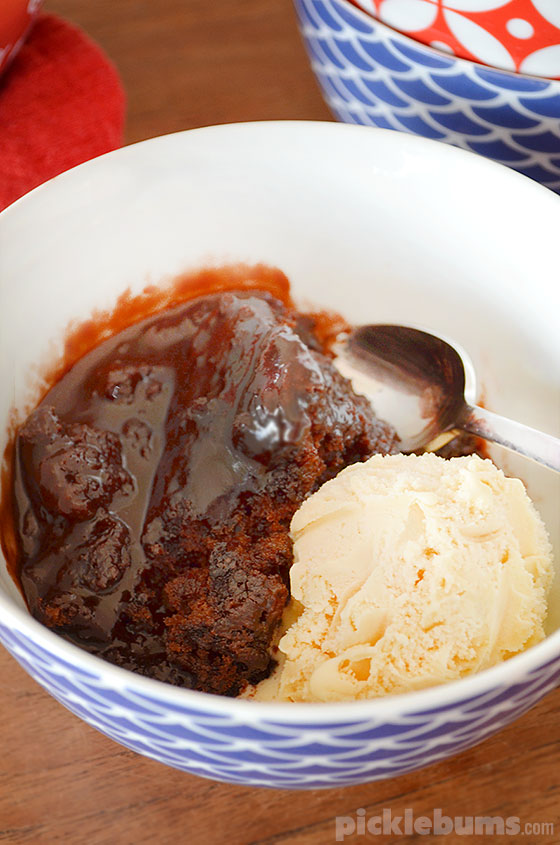 Chocolate self-saucing pudding -  a warm gooey chocolate cake with magic chocolate sauce baked right into it!