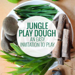 white plate with leaves, sticks and stones for a jungle playdough activity