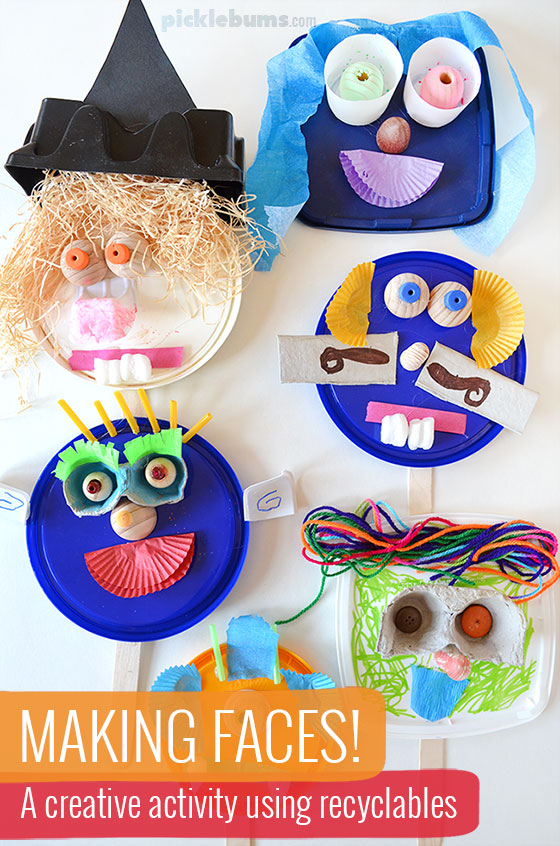 Make some funny faces from recycled materials! 
