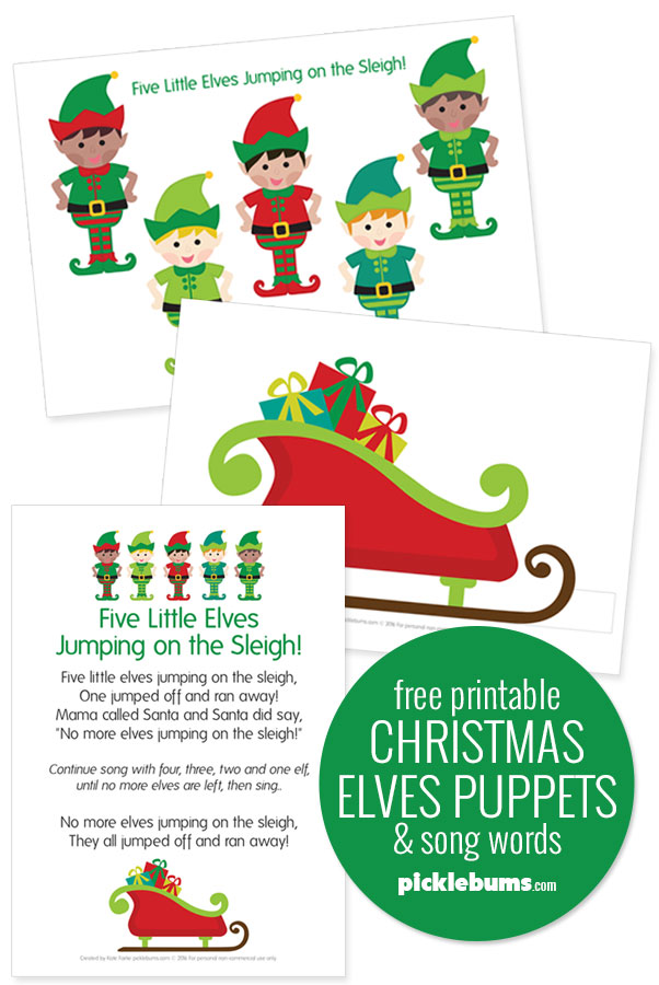 five little Christmas elves printable puppets, sleigh and song words page