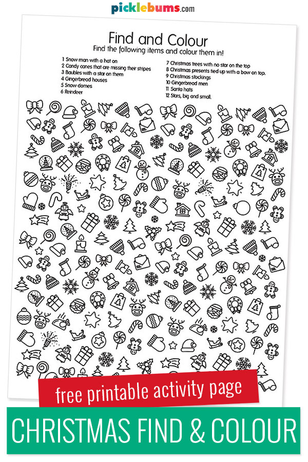 Printable Christmas find and colour activity page
