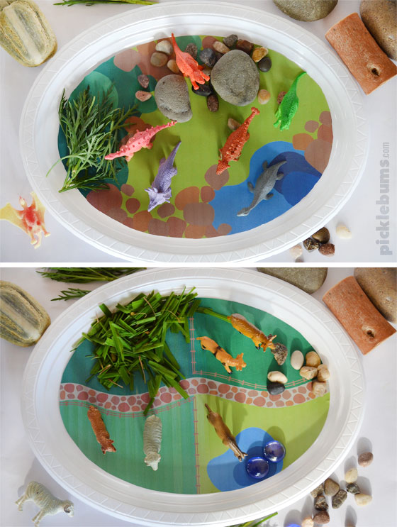 Play Plates - quick and easy imaginative play on a disposable plate! Plus 2 bonus free printable play mats for dino land and farm land play