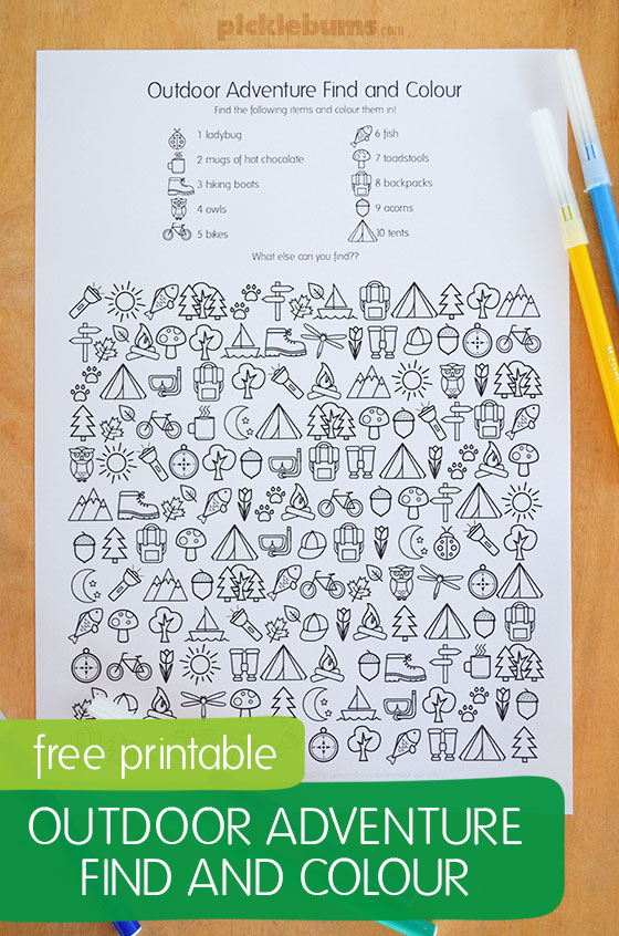 Free printable - outdoor adventure find and colour activity 