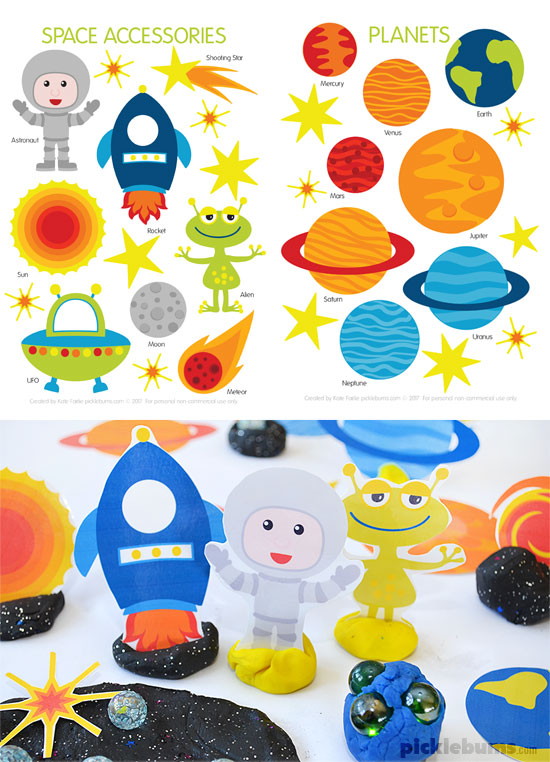 Space Place Dough!  6 Space themed play dough mats plus 2 pages of space accessories. 