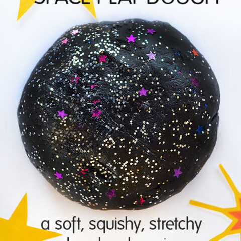 Space Place Dough! Try out soft stretchy space play dough recipe and our free printable star accessories, plus more space themed play dough ideas!