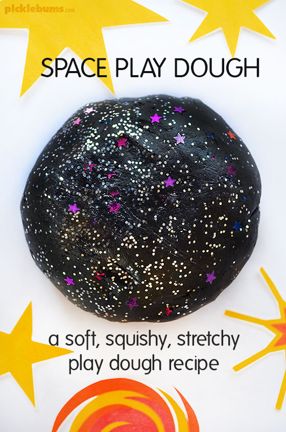 Space Place Dough! Try our soft stretchy space play dough recipe and our free printable star accessories, plus more space themed play dough ideas!