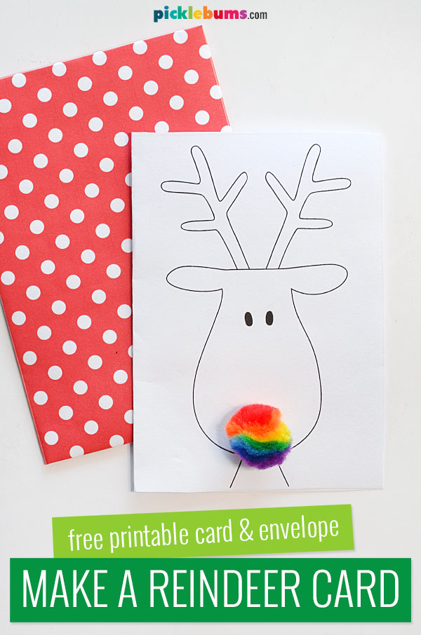 reindeer card with rainbow pompom nose, red and white spotty envelope on white background