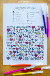 Valentines find and colour activity page, free printable