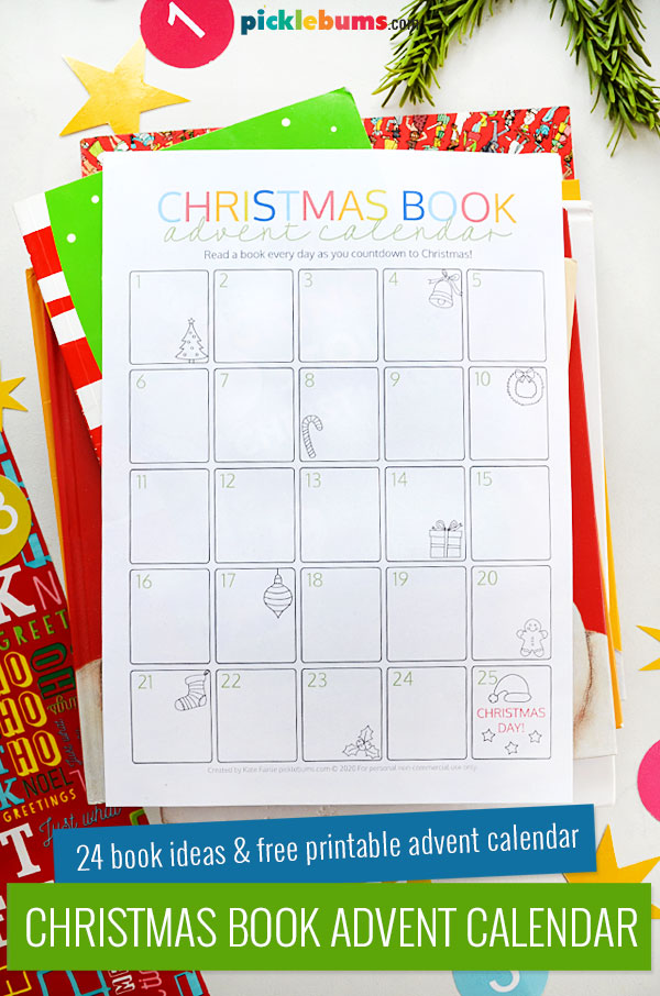 Christmas book advent calendar printable on stack of books