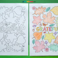 two printable colouring pages with leaves and the word grateful, one coloured, one not.