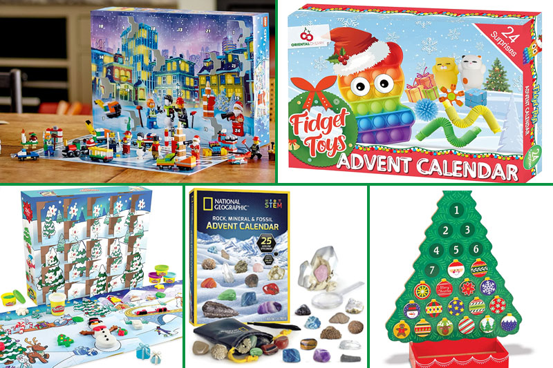 collage of five store bought advent calendars for kids