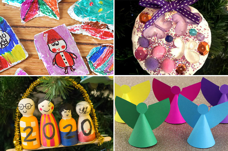 4 images - foil decorations, glitter decoration, peg doll decoration, paper angels