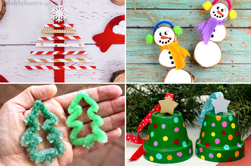 4 images - paper straw Christmas tree decoration, wood slice snowman decoration, crystal Christmas trees, clay pot tree decoration 