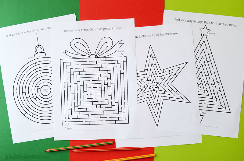 christmas maze sheets on coloured background