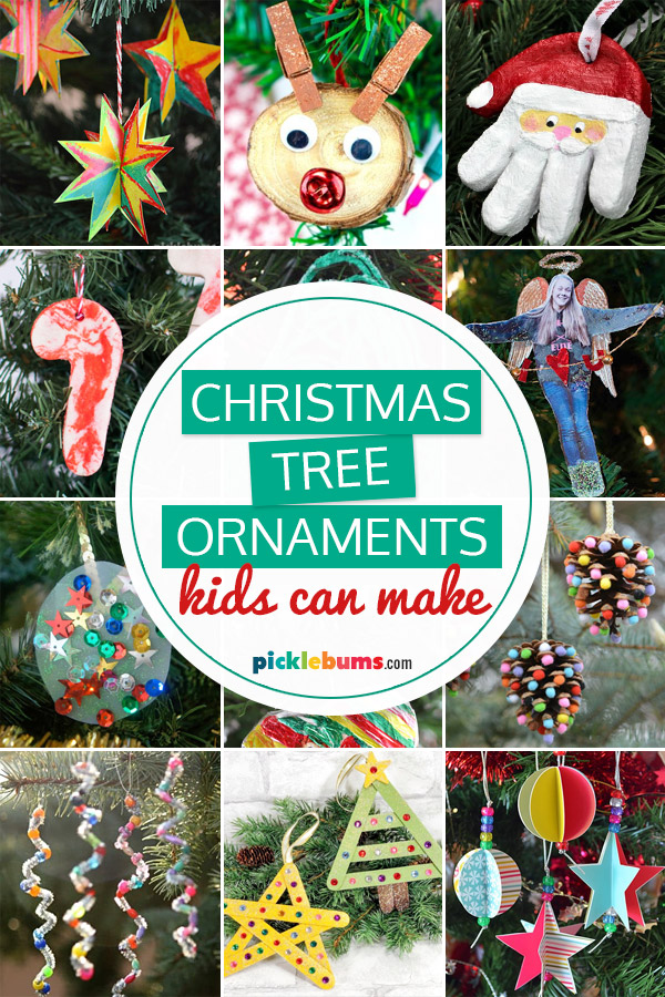 Collage of kid-made Christmas tree ornaments