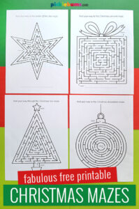 Four christmas maze printables on coloured background