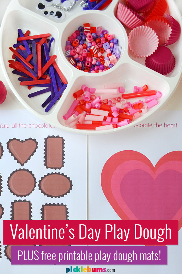 Valentines playdough set up with tray of loose parts and playdough mats