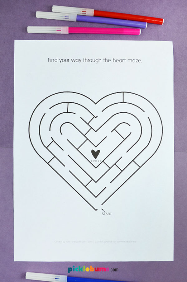 easy heart maze on purple background