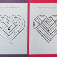 heart maze printables on pink and purple background
