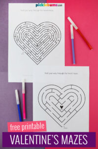 Two heart shaped mazes on a pink and purple background
